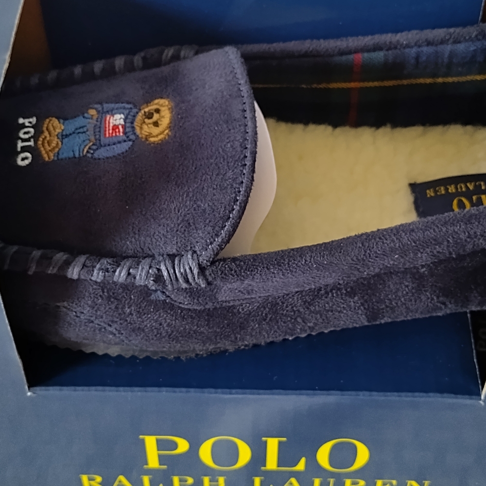 RALPH LAUREN Polo Bear Memory Foam Sherpa Slippers Moccasins Womens size 10 Navy - Picture 4 of 9